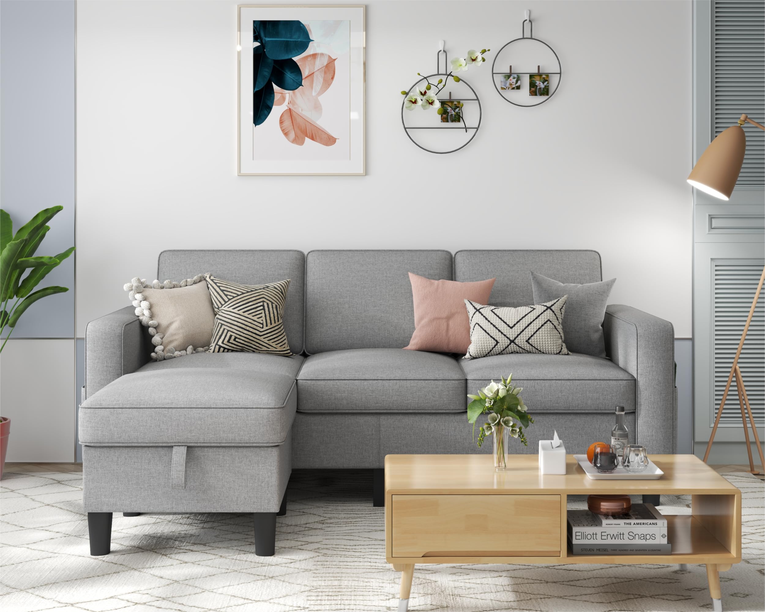 Woyomeub Sectional Couches for Living Room: L Shaped Couch with Storage Ottoman - Gray Sofa 3 Seater Furniture Set Modern Linen Fabric Futon Sleeper Sofas for Apartment Studio Small Space