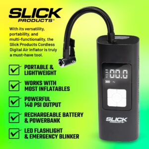 Slick Products Portable Digital Tire Pressure Gauge, Air Compressor, Tire Inflator up to 140 PSI with Rechargeable Battery, Flashlight, Emergency Blinker, and Power Bank (1), Black