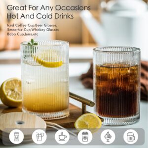 INSETLAN Set of 8 Ribbed Glassware - 4 Large Glasses 17 oz, 4 Rocks Glass Cups 10 oz, Vintage Glassware Cocktail Glasses, Ideal for Beer, Juice, Water, Ice Coffee Cup, Whiskey, Mixed Drinkware