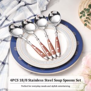 Soup Spoons，4Pcs Soup Spoons Set，Stainless Steel 18/8 Spoons with Comfortable Bakelite Handle，Heavy-Weight Metal Round Spoons，Wood Grain Handle