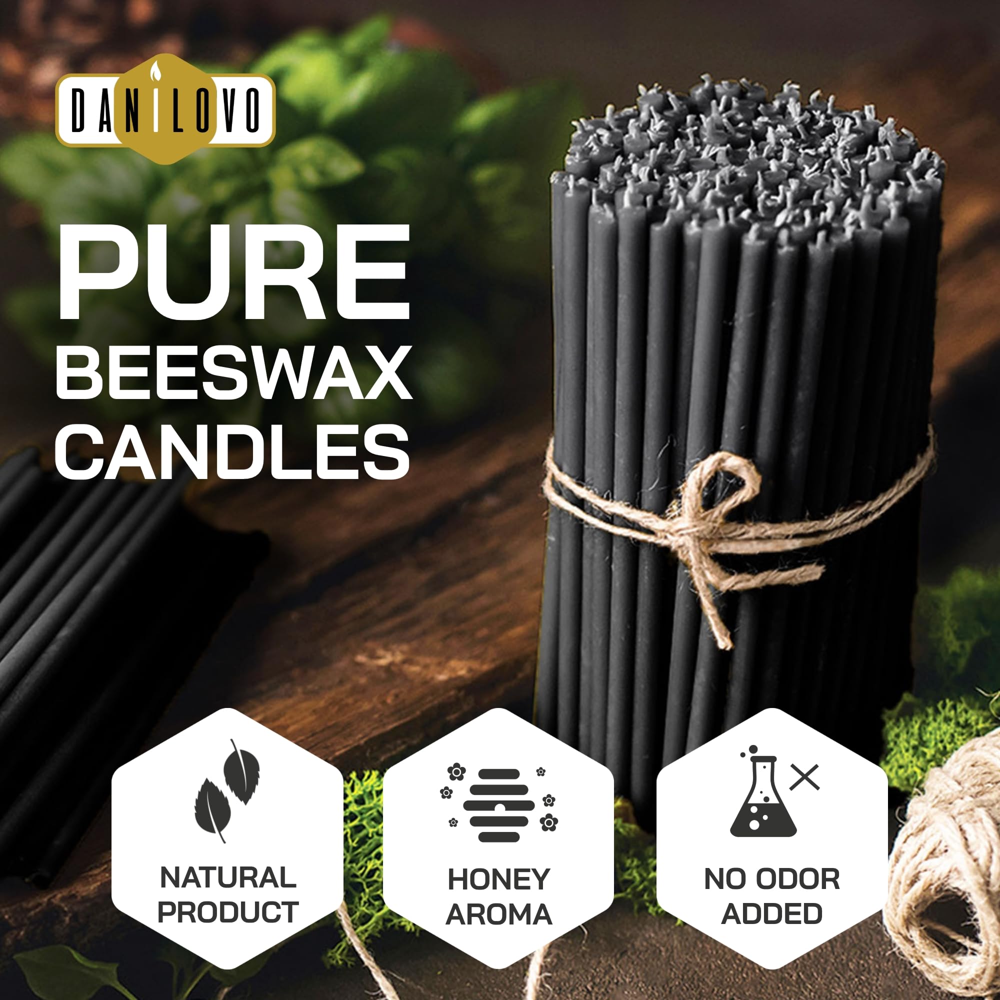 Danilovo Pure Beeswax Candles - No-Drip, Smoke-Less, Tall, Thin Taper Candles – Decorative Candles for Church Prayer, Decor or Birthday Candles – Honey Scented Candles – 6.3”x0.2” (Black, 50pcs)