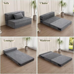 HOMFINE Folding Sofa Bed - Convertible Sleeper Chair with Pillow, Fold Out Couch, Foam Floor Mattress, Futon Couch, Lazy Sofa for Living Room/Dorm/Guest Room/Home Office, Twin, Gray