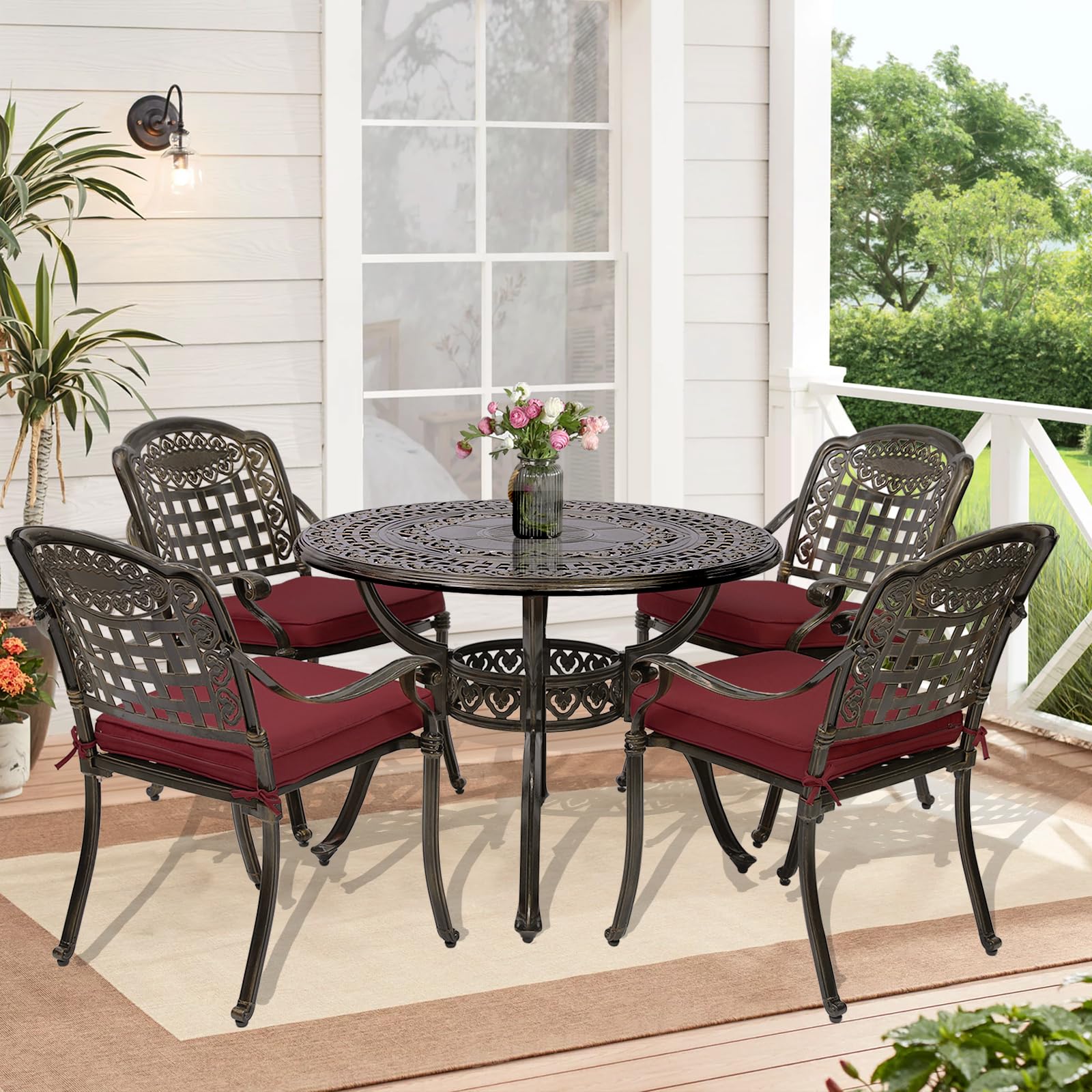 W WARMHOL 5-Piece Outdoor Patio Dining Set, All-Weather Cast Aluminum Patio Furniture Set for Backyard Garden Deck with 4 Chairs, 4 Cushions and 38.5" Round Table, 2" Umbrella Hole, Red