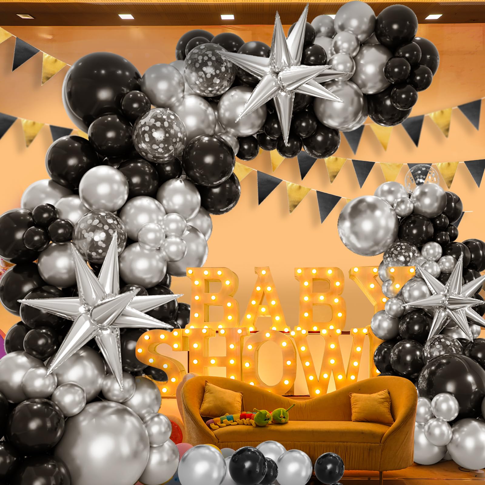 Bonropin 161pcs Black and Silver Balloons Garland Arch Kit with Explosion Star Balloons, 5/10/12/18in Metallic Sliver and Black Balloons for Birthday Graduation Baby Shower New Years Party Decorations