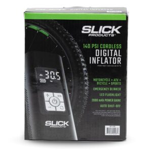 Slick Products Portable Digital Tire Pressure Gauge, Air Compressor, Tire Inflator up to 140 PSI with Rechargeable Battery, Flashlight, Emergency Blinker, and Power Bank (1), Black