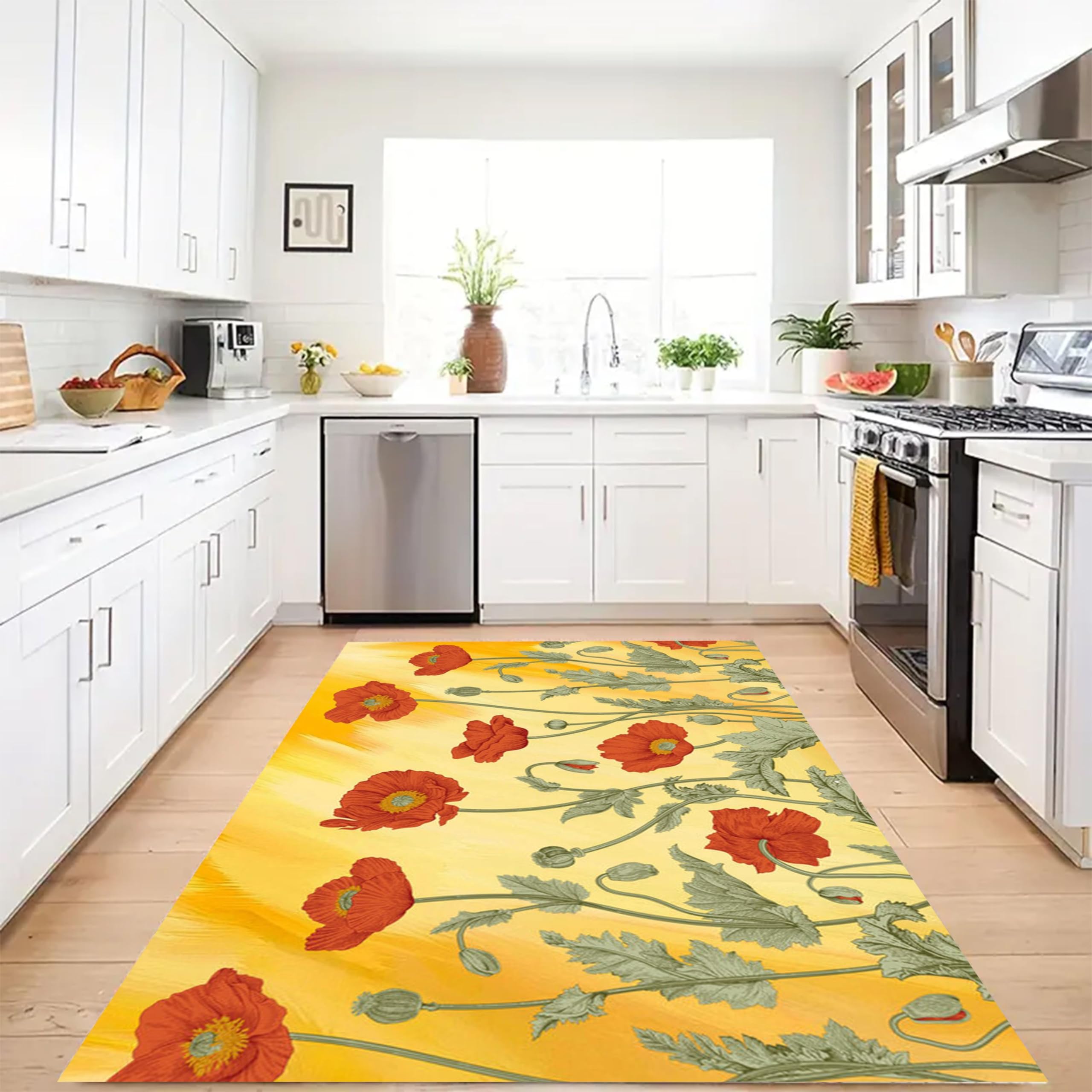 Puyosvr Modern Bohemian Floral Area Rugs,6x8ft,Orange-Red Flowers Green Leaves Pattern Retro Background Carpet,Washable Carpet in The Bedroom for Farmhouse Living Room Bedside Rug Mat with Non-Slip