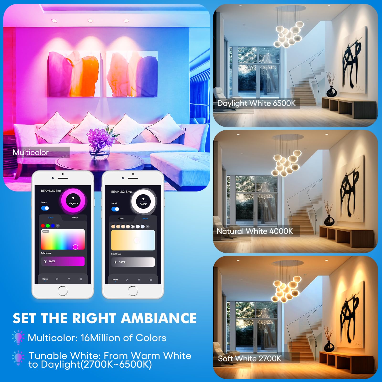 BEAMLUX Smart WiFi MR16 Color Changing led Bulbs, Dimmable with App Control, 40° Beam Angle AC/DC12V GU5.3 Base, Compatible with Alexa and Google Home Assistant, No Hub Required 2 Pack (Wi-Fi)