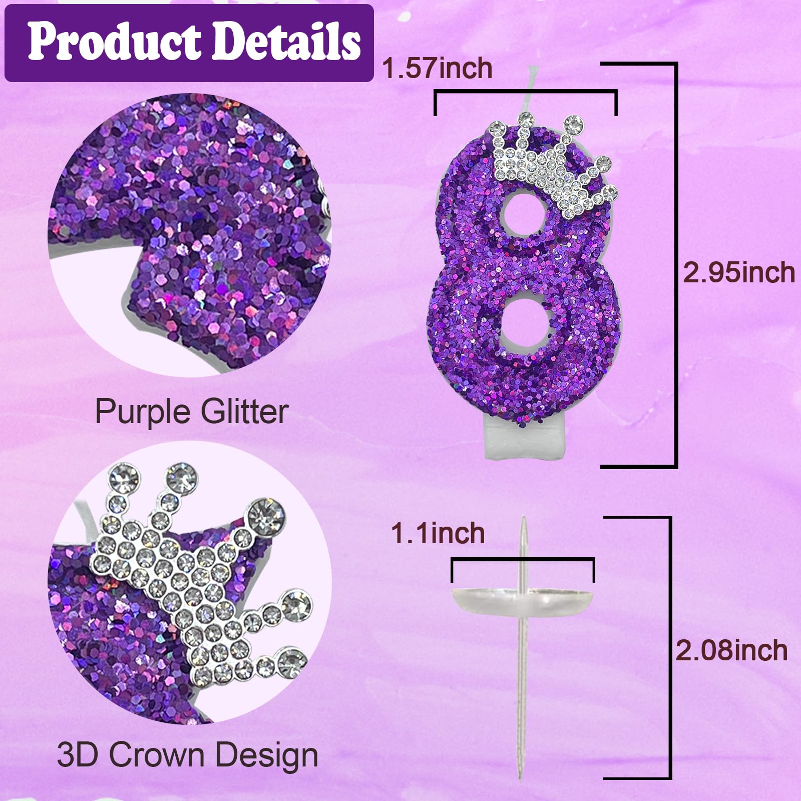 Purple Number 8 Candle for Girl Birthday Party Decorations, Girl 8th Birthday Party Decorations Supplies, 3D Crown Designed Purple Number Candles for Birthday Cake Topper Decorations