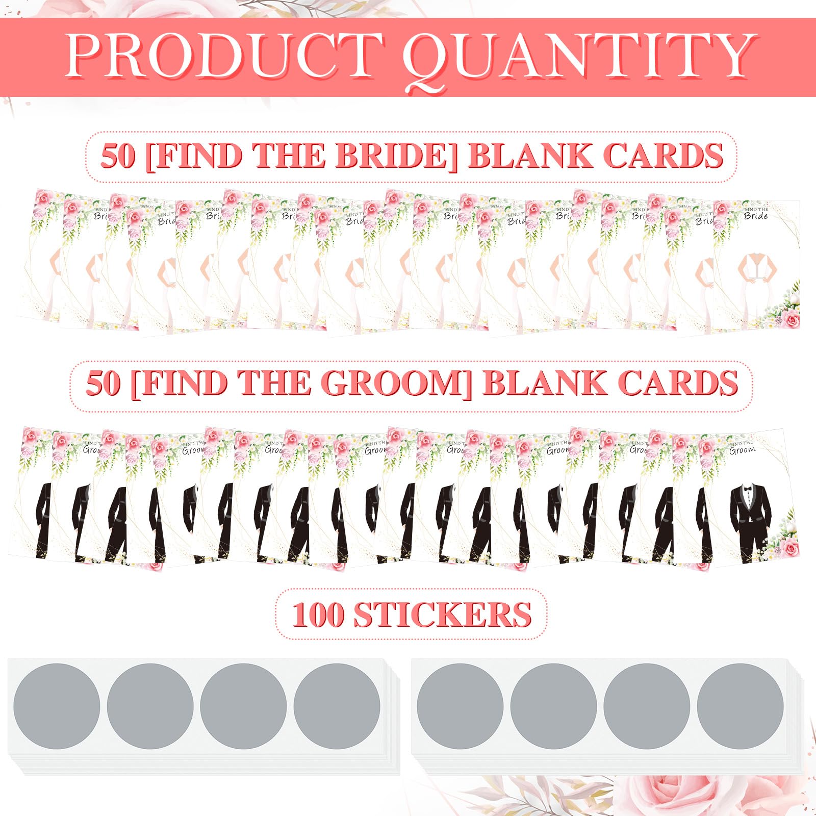 Humyoun 100 Pcs Bridal Shower Games Scratch off Bridal Shower Game Find the Bride Groom Wedding Games Floral Theme Funny Bachelor Party Games Ideas for Guests, 100 Cards, 100 Stickers, No Photos