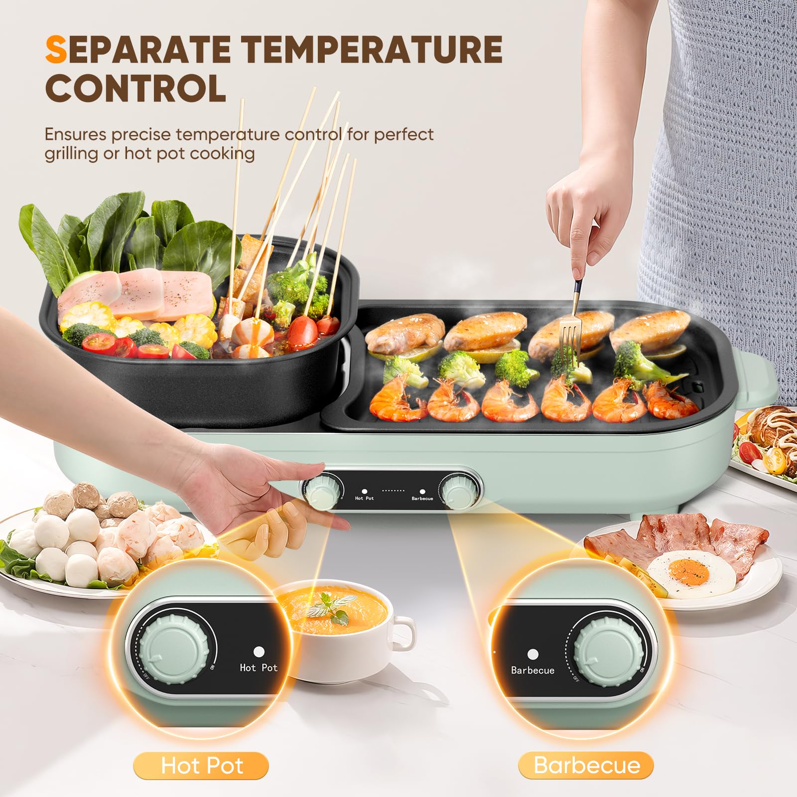 Homiesetify Electric Hot Pot with Grill, 2 In 1 Indoor Non-Stick Barbecue Shabu Hot Pot with Dual Temperature Control, Detachable Hot Pot and Baking Tray, Smokeless Shabu Korean BBQ Grill