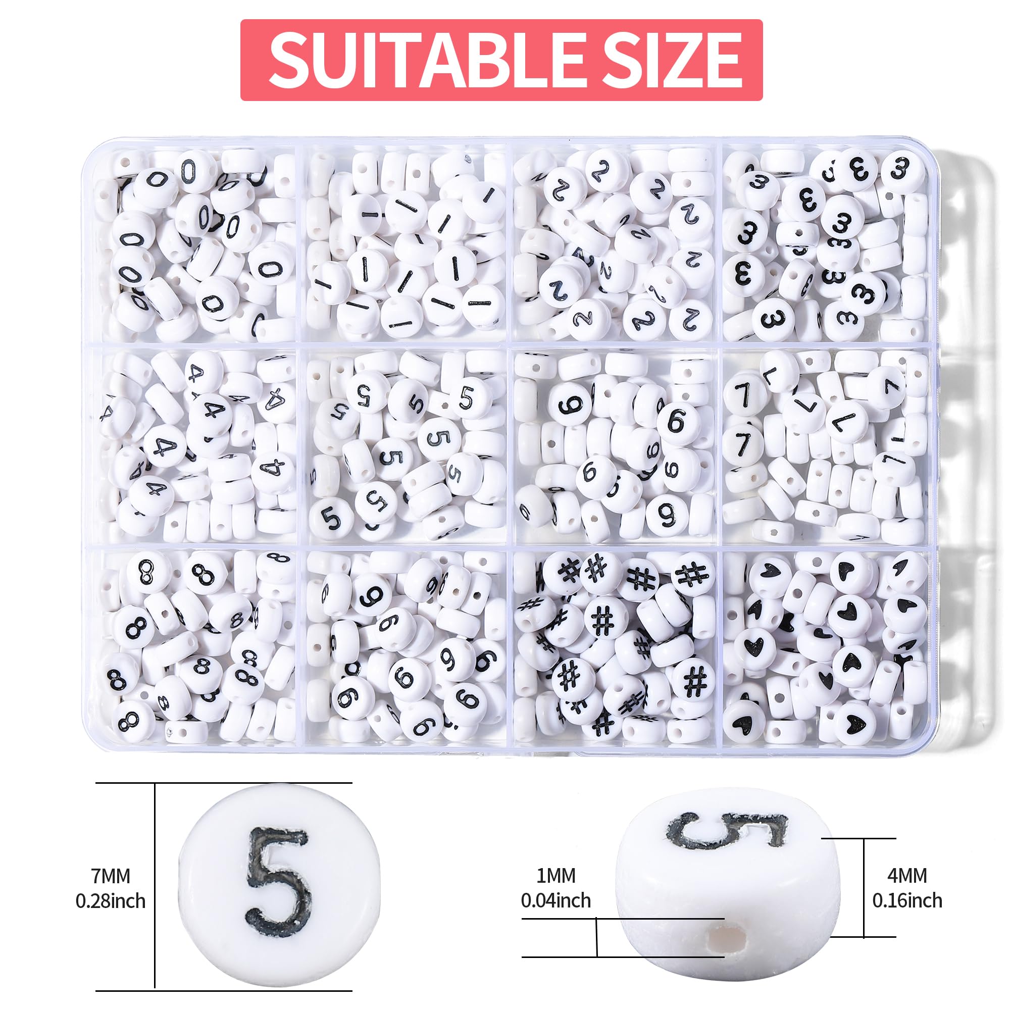 Hudinsun 500Pcs 0-9 Acrylic Number Beads in 12 Grid Box Round Beads for Bracelets Neckless Friendship Jewelry DIY Making (4x7mm Box, White)