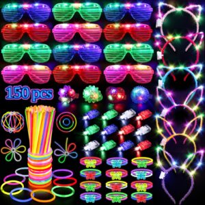 150pcs glow in the dark party supplies for kids adults, light up party favors with light up glasses, headband, rings, 100 glow sticks bulk party pack diy glow necklaces bracelets, neon party supplies