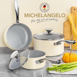 MICHELANGELO Sauce Pan with Lid, Non Stick Saucepan Set of 3-1Qt & 2Qt & 3Qt Small Pots for Cooking, Ceramic Saucepan - Non-Toxic, Scratch-Resistant, Oven Safe, Beige