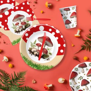 APOWBLS Mushroom Birthday Decorations Party Tableware - Mushroom Baby Shower Decorations And Supplies, Paper Plate, Cup, Napkin, Disposable Fork, Mushroom Party Decorations Dinnerware | Serve 24