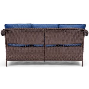 Buenhomino Outdoor Patio Sofa Couch - 3 Seater All Weather Rattan Conversation Sofa Porch Furniture Wicker Sofa with Deep Seat High Backrest for Deck Porch Balcony Garden - Brown/Blue