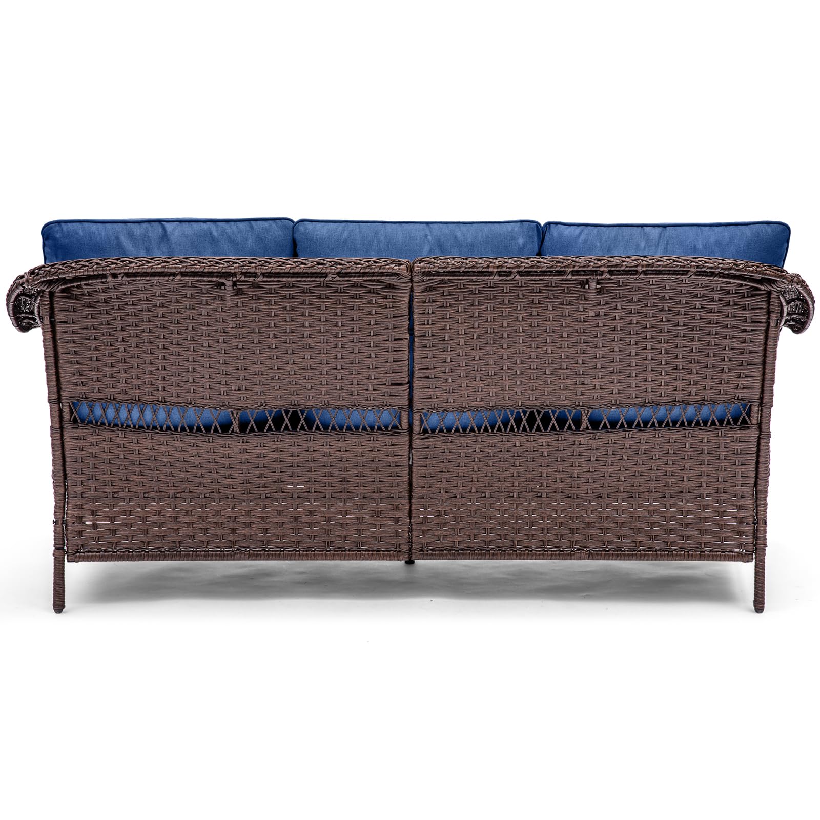 Buenhomino Outdoor Patio Sofa Couch - 3 Seater All Weather Rattan Conversation Sofa Porch Furniture Wicker Sofa with Deep Seat High Backrest for Deck Porch Balcony Garden - Brown/Blue