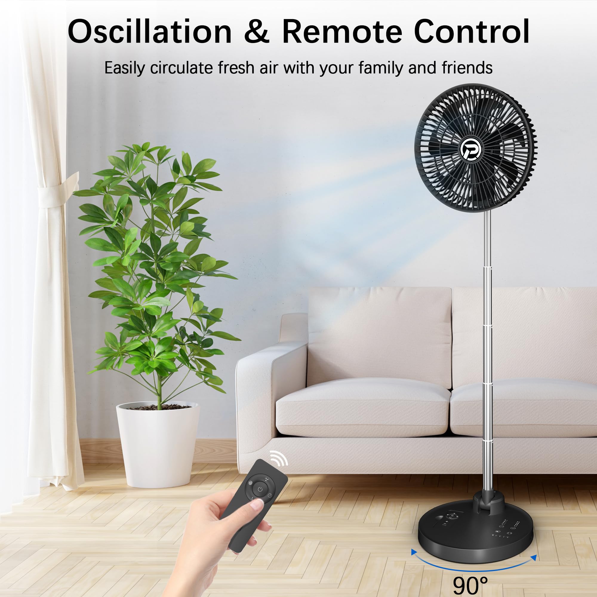 PANERGY 10” Portable Fan 20000mAh Battery Operated Rechargeable, Auto-Oscillating Pedestal Fan with Remote,4 Speeds, Quiet, Cordless Foldable Telescopic Fan for Travel, Bedroom, Home, Office