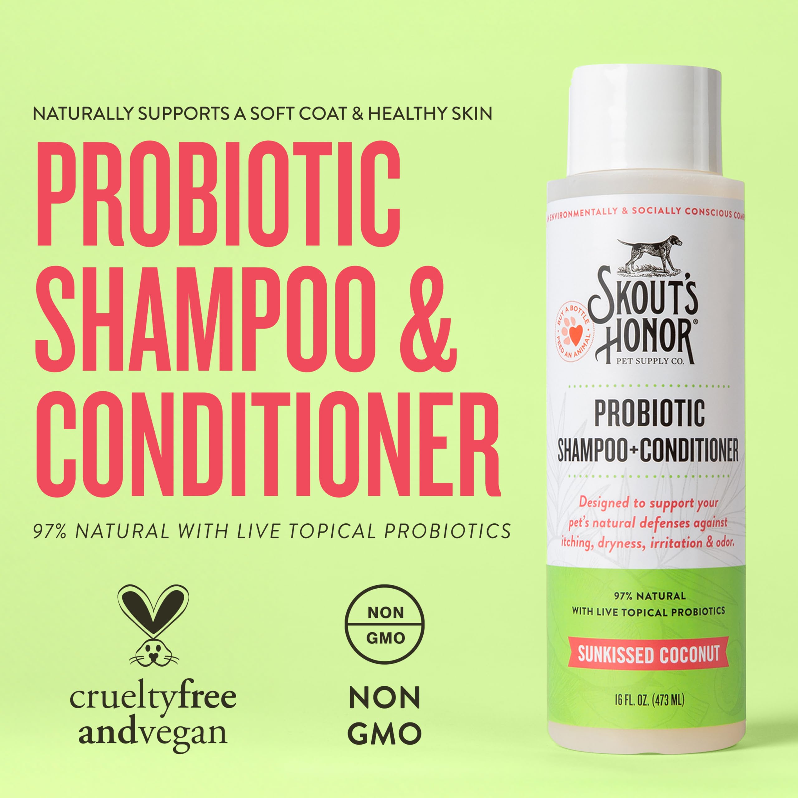 Skout's Honor Probiotic Pet Shampoo & Conditioner with Avocado Oil & Omega-3s, 97% Natural, Paraben & Sulfate-Free, Cruelty-Free, 16oz, Sunkissed Coconut