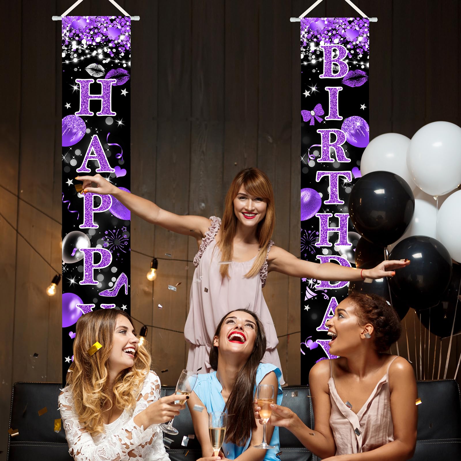 Avezano Purple Happy Birthday Banner Glitter Purple Black Birthday Party Decorations for Girls Women Happy Birthday Porch Signs Door Decorations Supplies