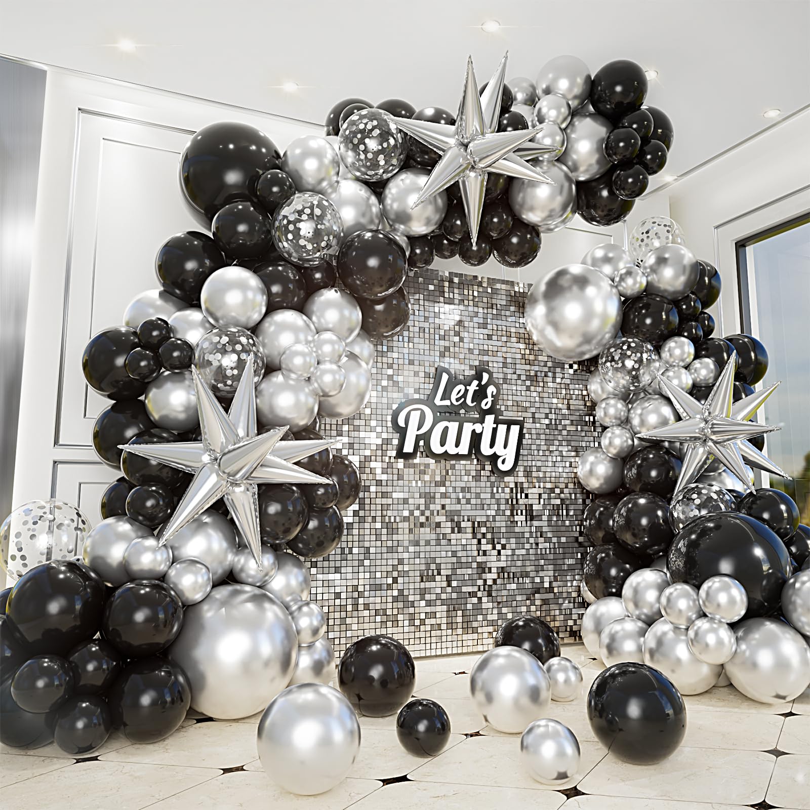 Bonropin 161pcs Black and Silver Balloons Garland Arch Kit with Explosion Star Balloons, 5/10/12/18in Metallic Sliver and Black Balloons for Birthday Graduation Baby Shower New Years Party Decorations