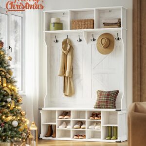 VASAGLE Hall Tree with Bench and Shoe Storage, Coat Rack with Shoe Bench, Entryway Furniture, 16 Open Compartments, 6 Tri-Hooks, Farmhouse Style, Space Saving, Rustic White UHSR427W02