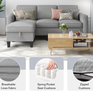 Woyomeub Sectional Couches for Living Room: L Shaped Couch with Storage Ottoman - Gray Sofa 3 Seater Furniture Set Modern Linen Fabric Futon Sleeper Sofas for Apartment Studio Small Space