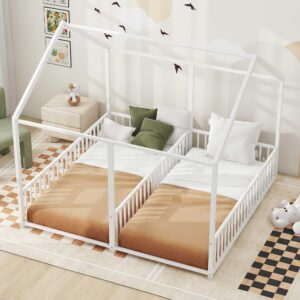 p purlove double twin floor bed frame for 2 kids,double twin size metal shared bed with fence railings,house floor bed frame twin size with roof or kids,teens, boys & girls