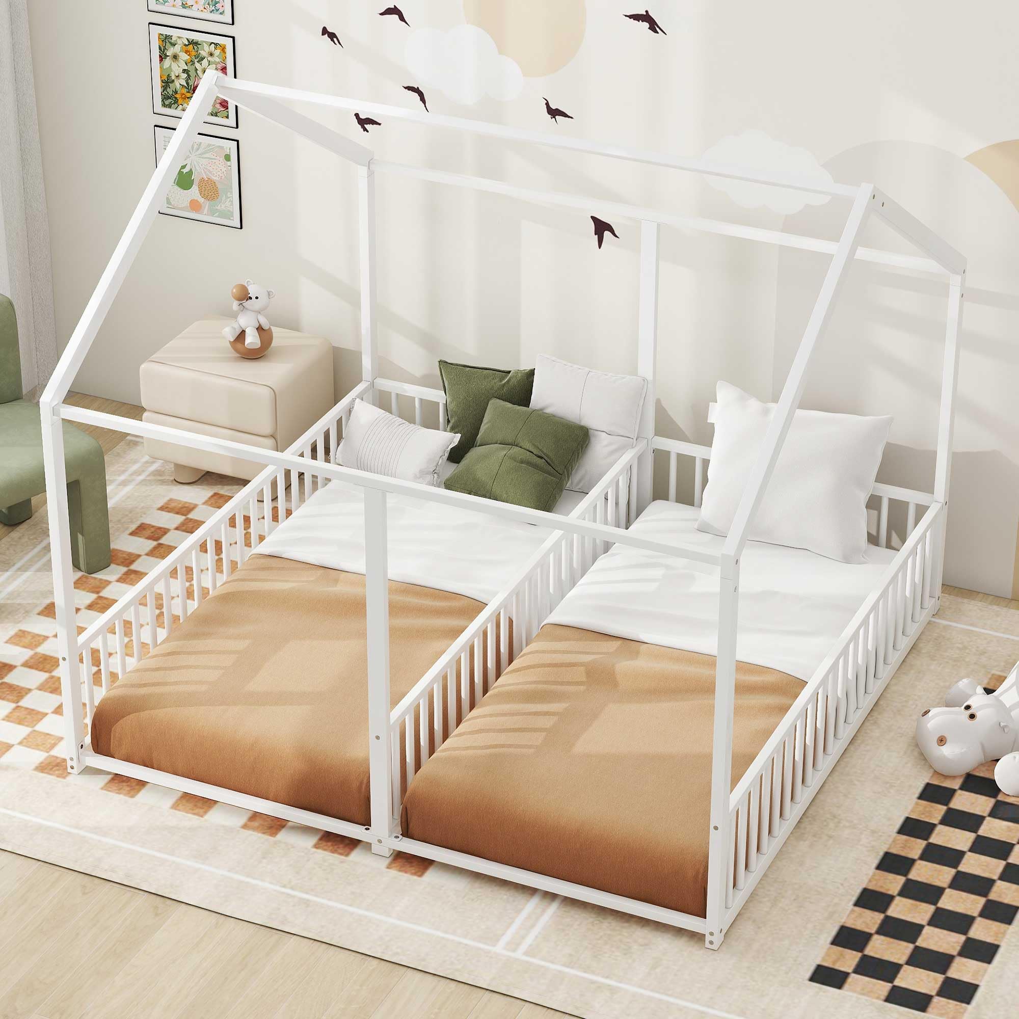 P PURLOVE Double Twin Floor Bed Frame for 2 Kids,Double Twin Size Metal Shared Bed with Fence Railings,House Floor Bed Frame Twin Size with Roof or Kids,Teens, Boys & Girls