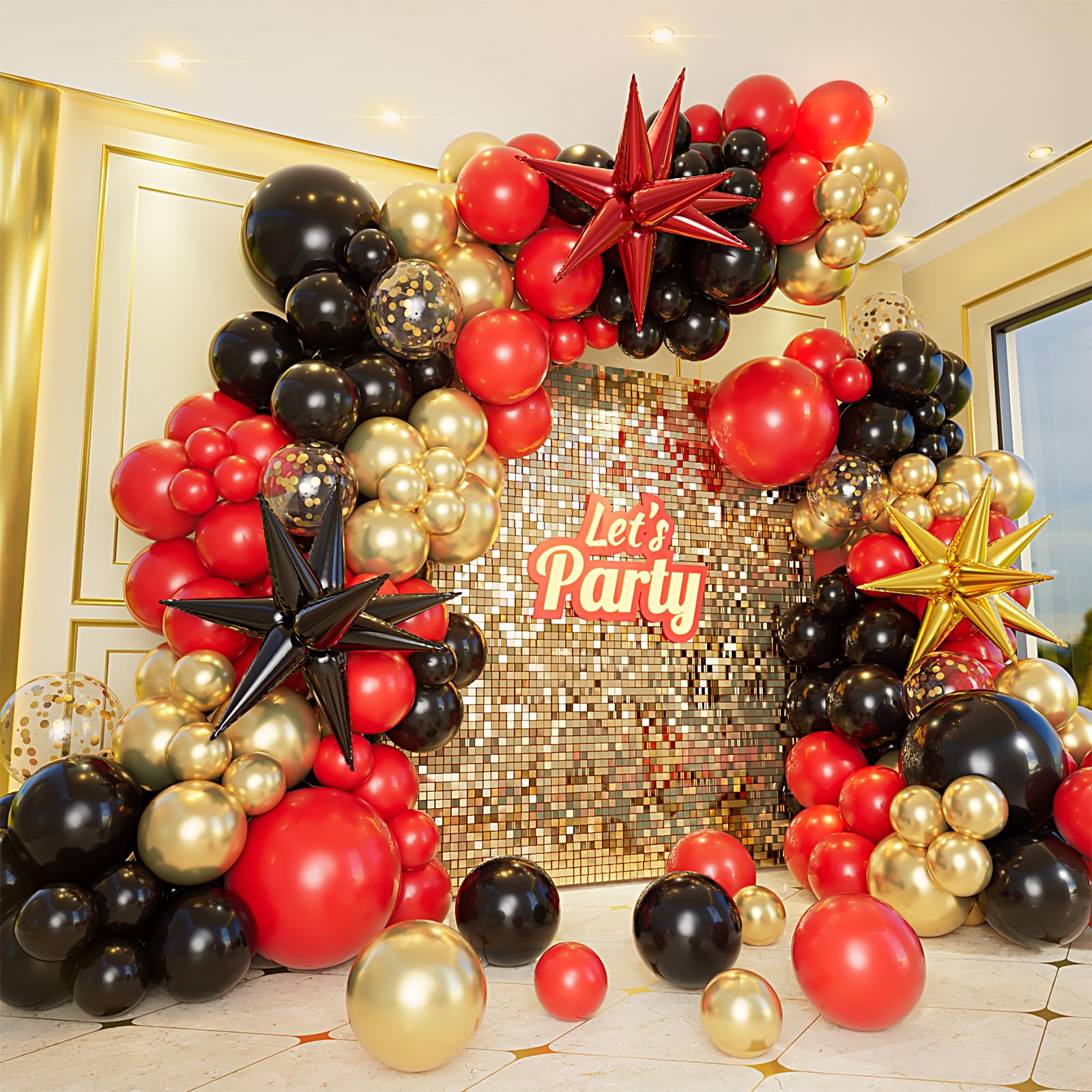 Bonropin 161pcs Red Black and Gold Balloons Garland Arch Kit with 5/10/12/18in Red Black Gold Balloons Explosion Star Balloons for 2024 Graduation Anniversary Casino Wedding Birthday Party Decorations