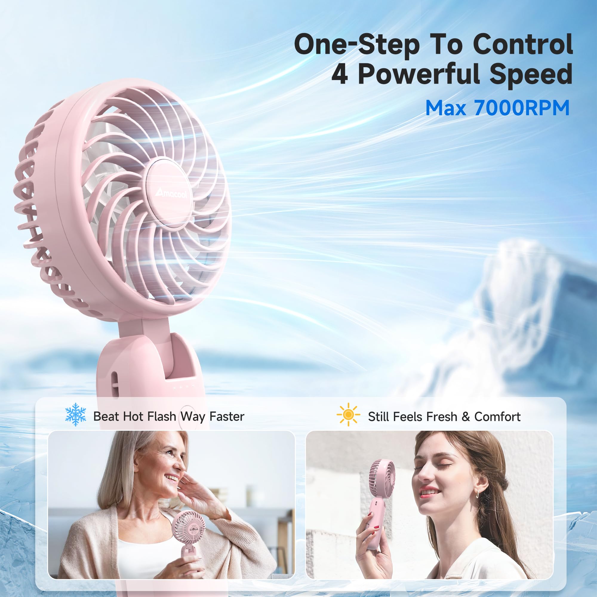 AMACOOL Portable Handheld Fan with Dual Motor, 12 Blades, Powerful 4 Speeds Hand Fan, Foldable, Battery Operated 3 IN 1 Personal Cooling Fan for Hot Flashes, Outdoor Activities, Travel(Pink)