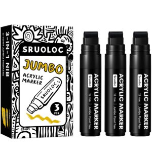 sruoloc 3 jumbo permanent markers black, 15mm thick wide tip, large acrylic paint markers for rock painting, poster, stone, ceramic, glass, wood, canvas