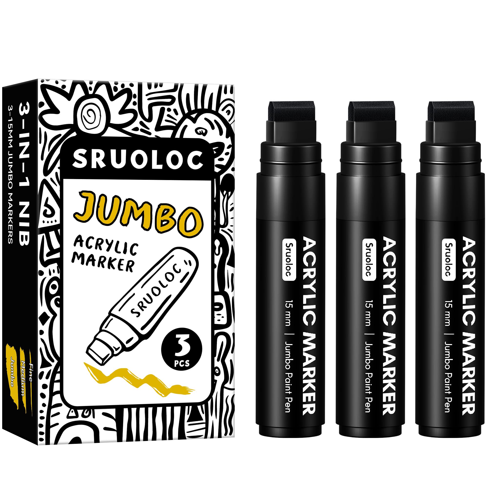 SRUOLOC 3 Jumbo Permanent Markers Black, 15mm Thick Wide Tip, Large Acrylic Paint Markers for Rock Painting, Poster, Stone, Ceramic, Glass, Wood, Canvas