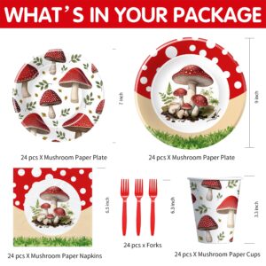 APOWBLS Mushroom Birthday Decorations Party Tableware - Mushroom Baby Shower Decorations And Supplies, Paper Plate, Cup, Napkin, Disposable Fork, Mushroom Party Decorations Dinnerware | Serve 24