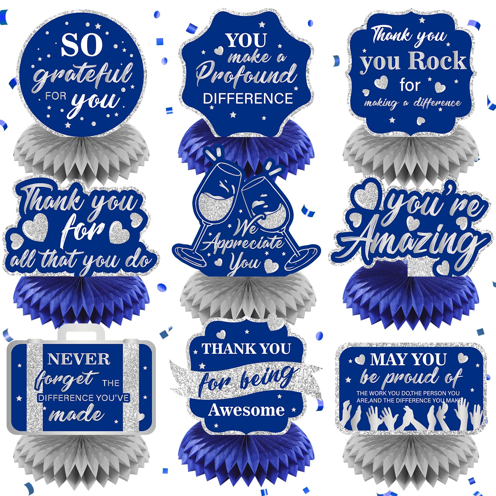 9Pcs We Appreciate You Decorations Navy Blue Silver Thank You Table Honeycomb Centerpieces Appreciate Table Topper Decor for Teacher Doctor Nurse Employee Staff Graduation Appreciation Party Supplies