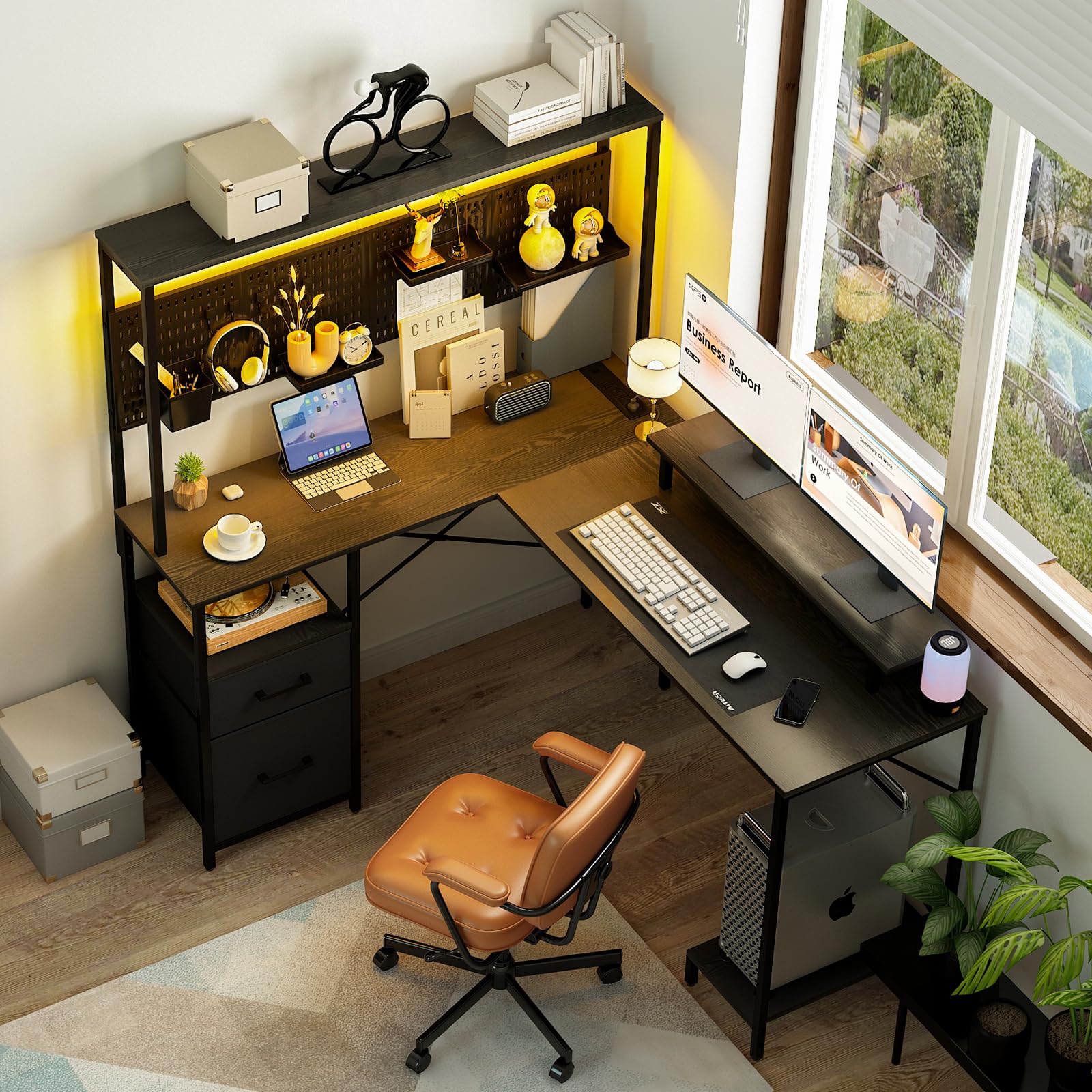 Yoobure L Shaped Desk with Pegboard, Reversible Gaming Desk with LED Lights & Power Outlets, Computer Desk with Drawers & Storage Shelves, Office Desk with Monitor Stand Corner Desk Home Office Desks