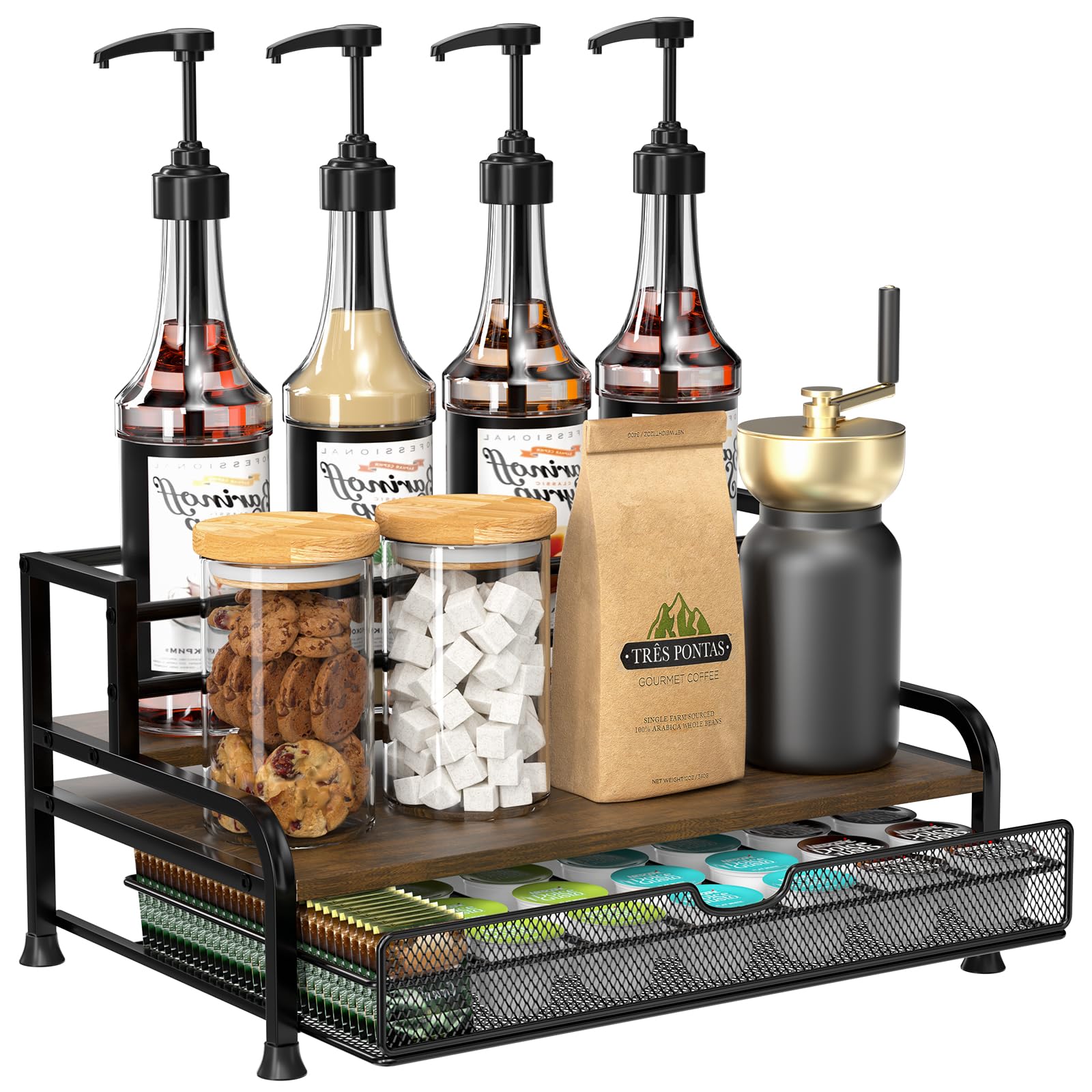 PONEYA Coffee Syrup Rack Organizer, 3-Tier 8 Bottles Coffee Syrup Rack with 35 K Cup Storage Basket for Coffee Bar, Syrup Bottle Holder Stand for Syrup, Wine, Dressing for Kitchen Coffee Station