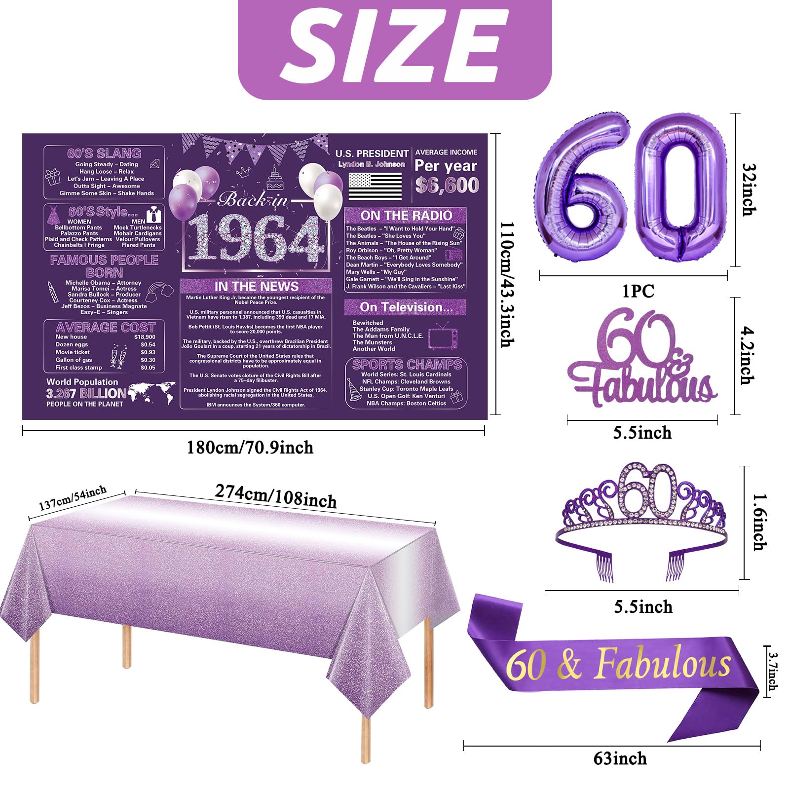 Crenics Purple 60th Birthday Decorations for Women 1964 - Back in 1964 Birthday Backdrop Banner, 60th Birthday Sash and Tiara, Tablecloth and Cake Topper for 60 Years Old Birthday Party Supplies