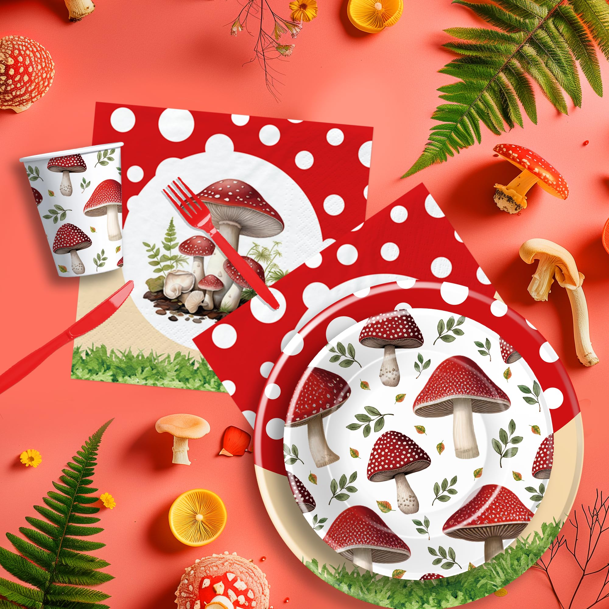 APOWBLS Mushroom Birthday Decorations Party Tableware - Mushroom Baby Shower Decorations And Supplies, Paper Plate, Cup, Napkin, Disposable Fork, Mushroom Party Decorations Dinnerware | Serve 24