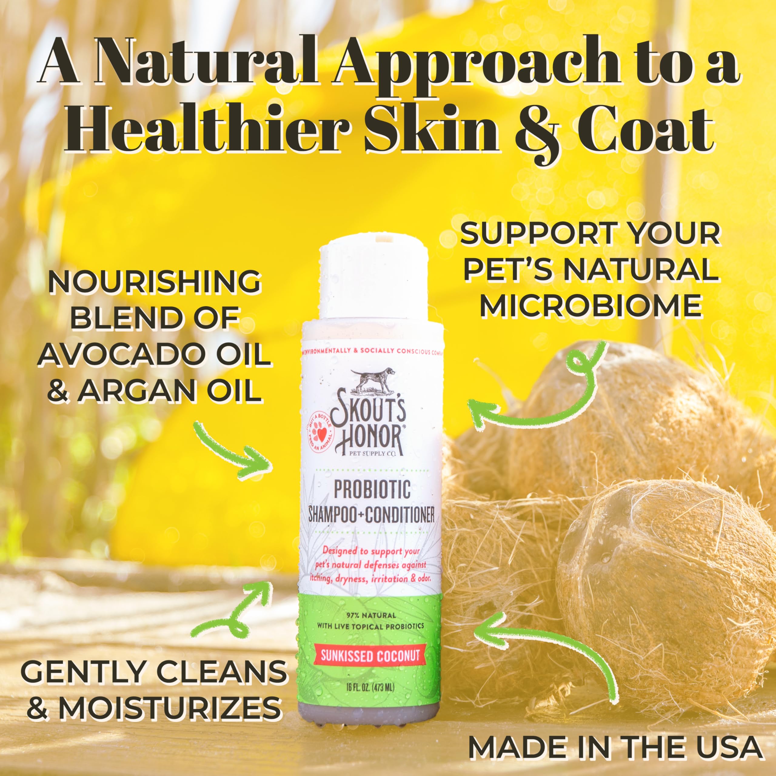 Skout's Honor Probiotic Pet Shampoo & Conditioner with Avocado Oil & Omega-3s, 97% Natural, Paraben & Sulfate-Free, Cruelty-Free, 16oz, Sunkissed Coconut