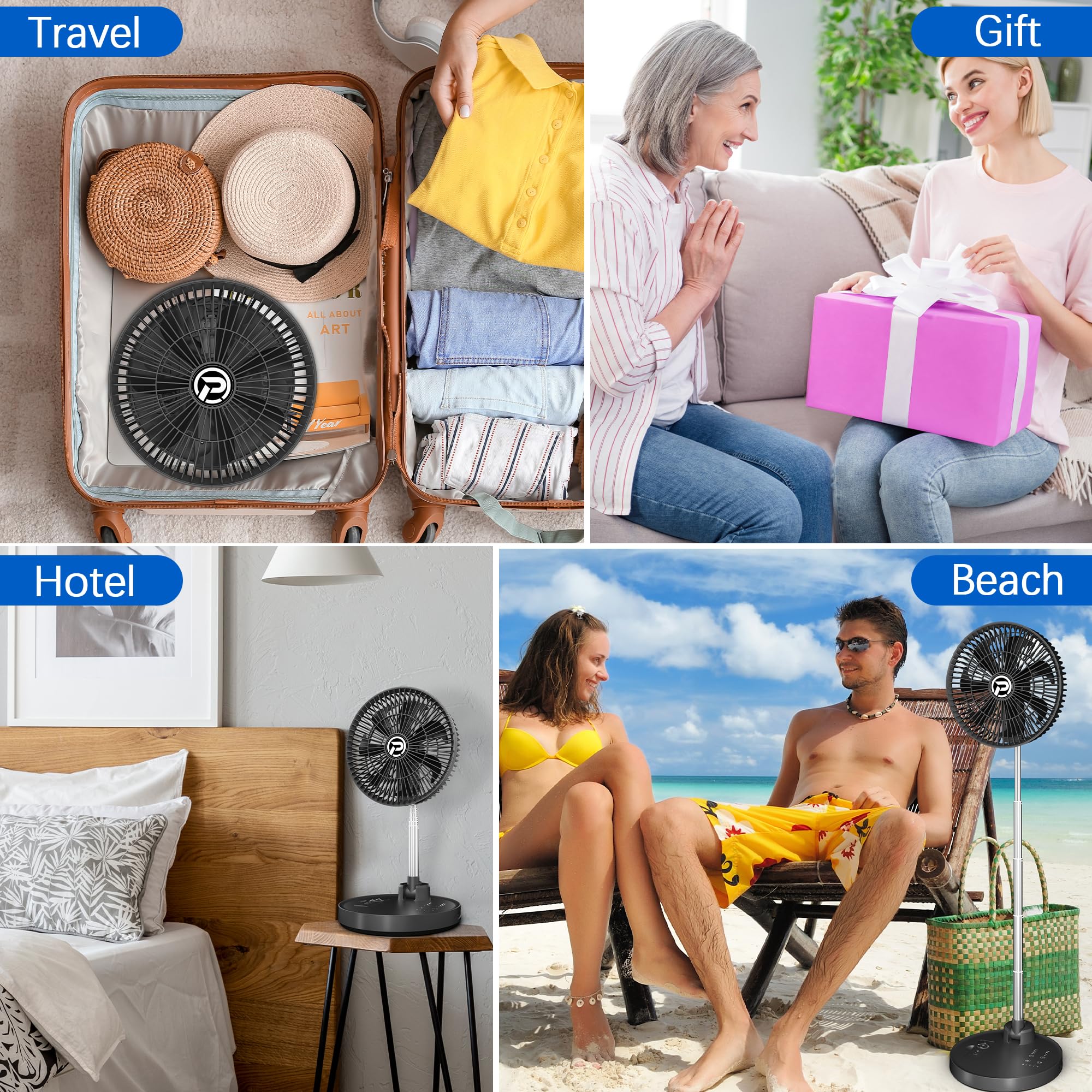 PANERGY 10” Portable Fan 20000mAh Battery Operated Rechargeable, Auto-Oscillating Pedestal Fan with Remote,4 Speeds, Quiet, Cordless Foldable Telescopic Fan for Travel, Bedroom, Home, Office