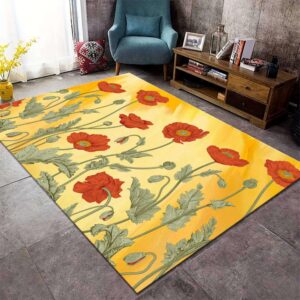 Puyosvr Modern Bohemian Floral Area Rugs,6x8ft,Orange-Red Flowers Green Leaves Pattern Retro Background Carpet,Washable Carpet in The Bedroom for Farmhouse Living Room Bedside Rug Mat with Non-Slip