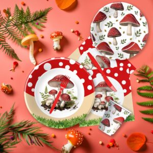 APOWBLS Mushroom Birthday Decorations Party Tableware - Mushroom Baby Shower Decorations And Supplies, Paper Plate, Cup, Napkin, Disposable Fork, Mushroom Party Decorations Dinnerware | Serve 24