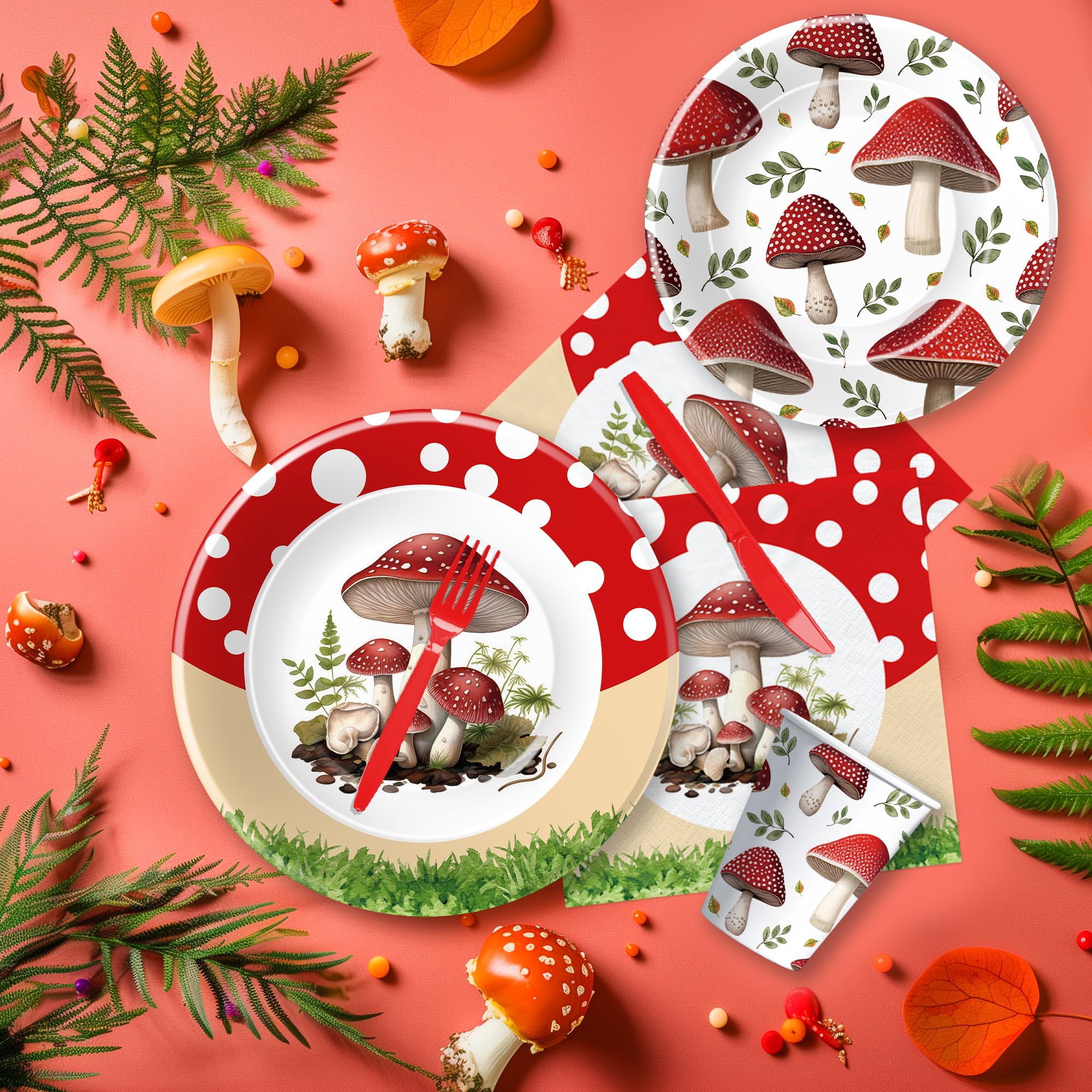 APOWBLS Mushroom Birthday Decorations Party Tableware - Mushroom Baby Shower Decorations And Supplies, Paper Plate, Cup, Napkin, Disposable Fork, Mushroom Party Decorations Dinnerware | Serve 24