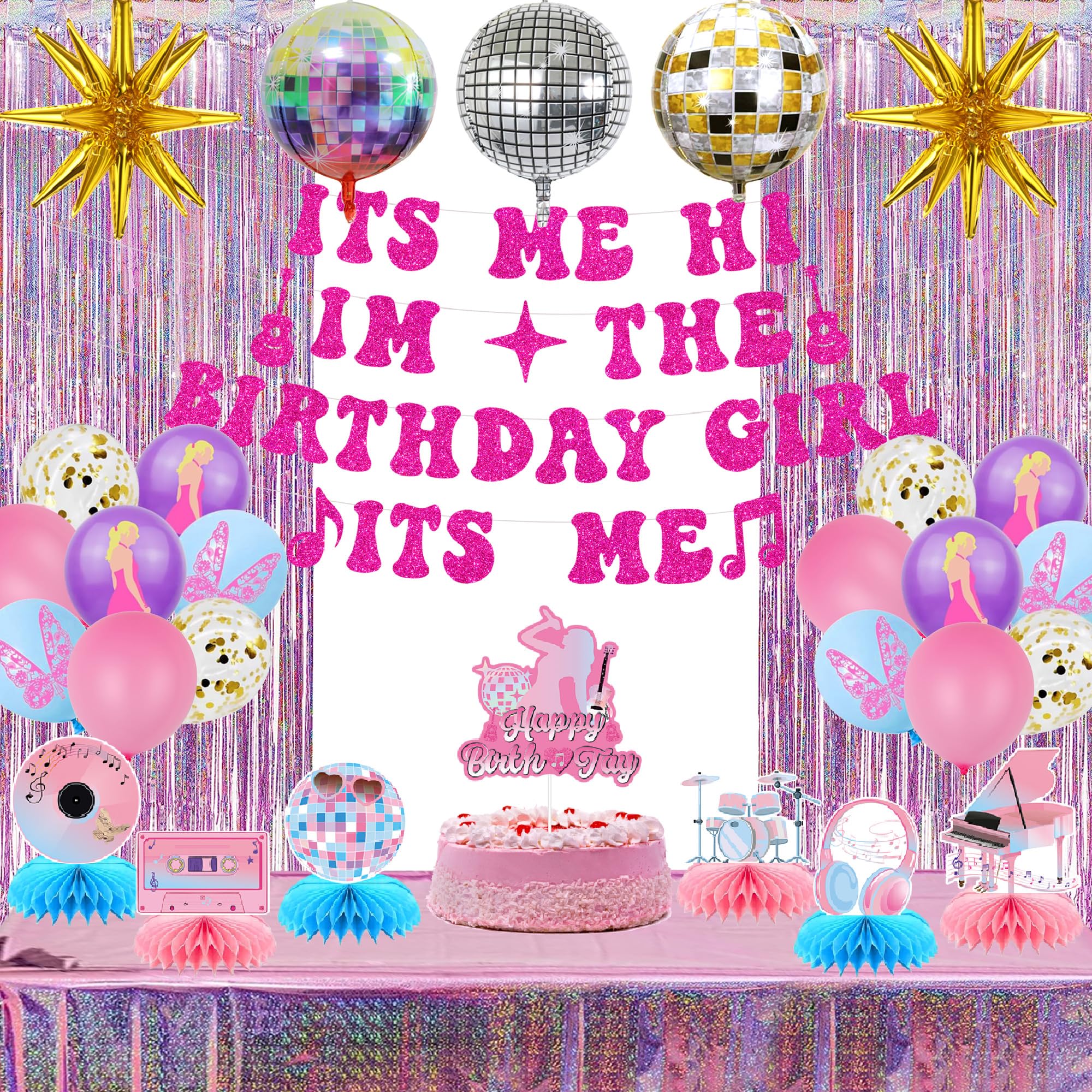 Holkcog Pink Its Me Hi Im The Birthday Girl Its Me Banner Music Star Party Decorations Singer Banner Fan Birthday Party Decoration Singer Cake Topper Pink Blue Balloons Honeycomb Centerpieces（31pcs）