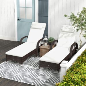 Outsunny Wicker Outdoor Chaise Lounge Set of 2, 5-Level Adjustable Backrest PE Rattan Pool Lounge Chair with Wheels, Cushion & Headrest, Brown and Cream White