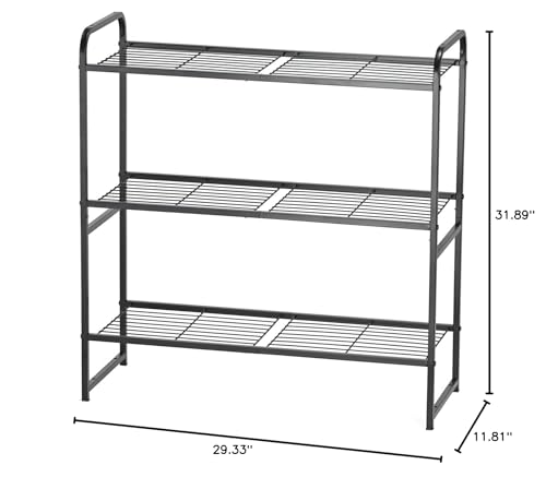 GEORIS 3- Tier Metal Storage Rack and Shelving, Stackable Utility Shelving Unit Wire Rack - Heavy Steel Material Pantry Shelves, 30.4-Inch Width, for Warehouses, Kitchen, Closets, Black