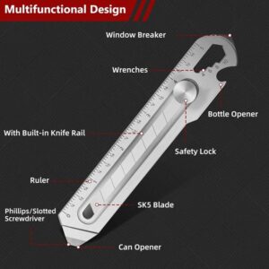 Generic 10-In-1 Mutipurpose Utility Knife, Heave Duty Full Stainless Steel Retractable Box Cutter with 5PCS replaceable Blades, Multi-functional Extended Razor Knife for Office, Home (Silver)