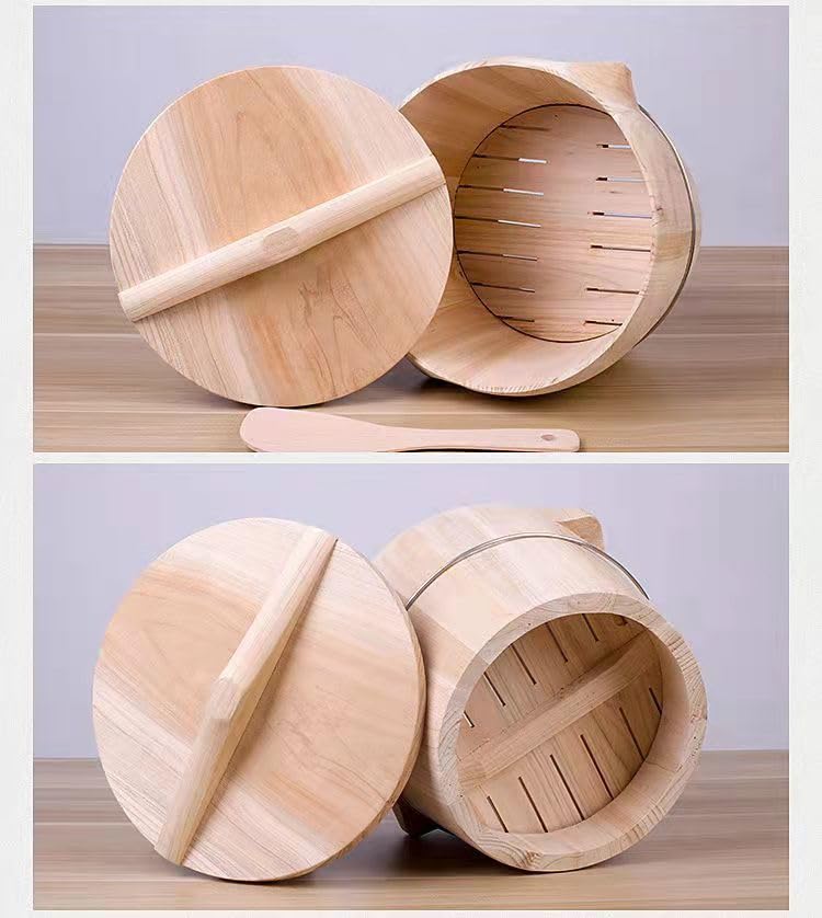 Wooden bucket steamer,cooking rice in wooden barrel, suitable for home and commercial use. Ideal for steaming sticky rice, rice, and steamed buns (30CM)