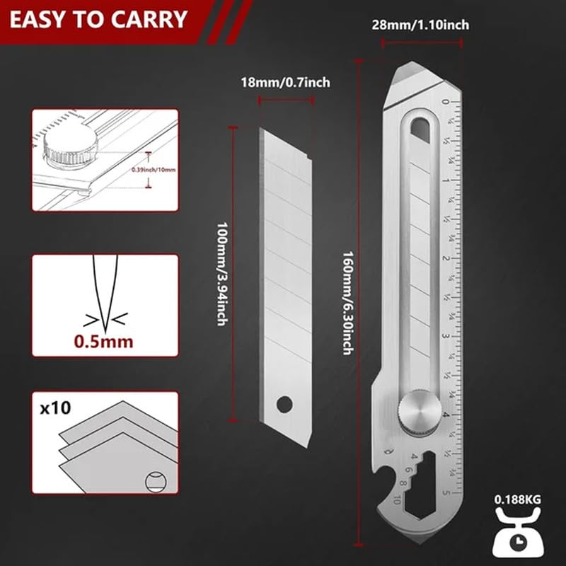 Generic 10-In-1 Mutipurpose Utility Knife, Heave Duty Full Stainless Steel Retractable Box Cutter with 5PCS replaceable Blades, Multi-functional Extended Razor Knife for Office, Home (Silver)