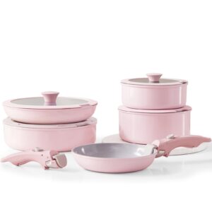 vkoocy pink non stick pot and pan sets with removable handle, ceramic cookware set detachable handle, induction kitchen camping stackable pots pans, dishwasher/oven safe, ptfe/pfoa/pfos free